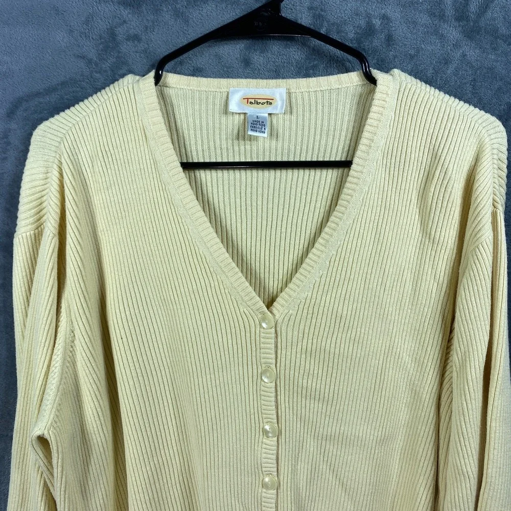 Vintage Talbots Cardigan Sweater Large Yellow All Cotton Button Up Tight Knit